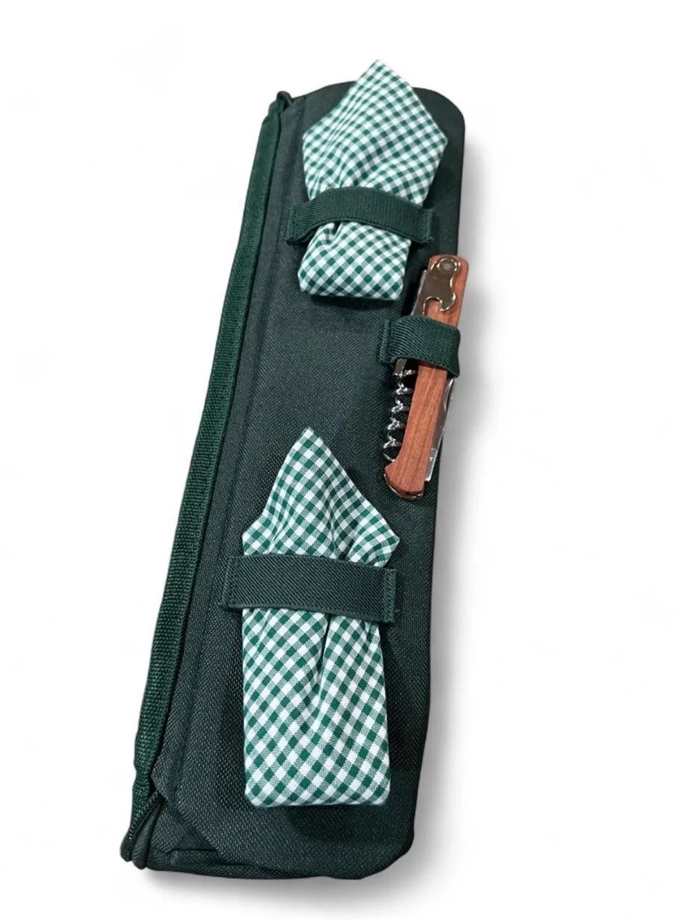 Green Travel Double-Zip Wine Bag with Brown Accents